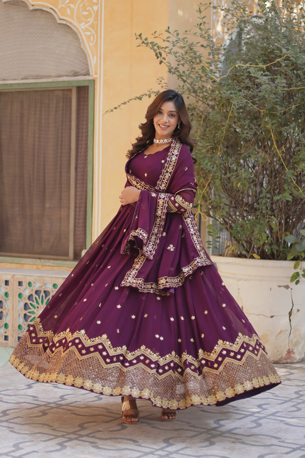 Readymade Faux Blooming Georgette Gown with Zari & Sequins Embroidery and With Dupatta