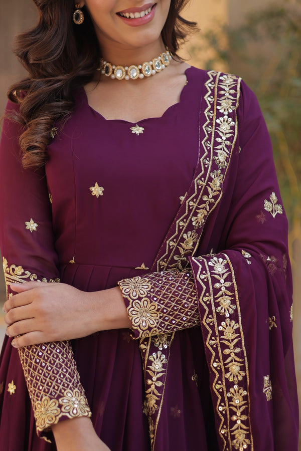 Readymade Faux Blooming Georgette Gown with Zari & Sequins Embroidery and With Dupatta