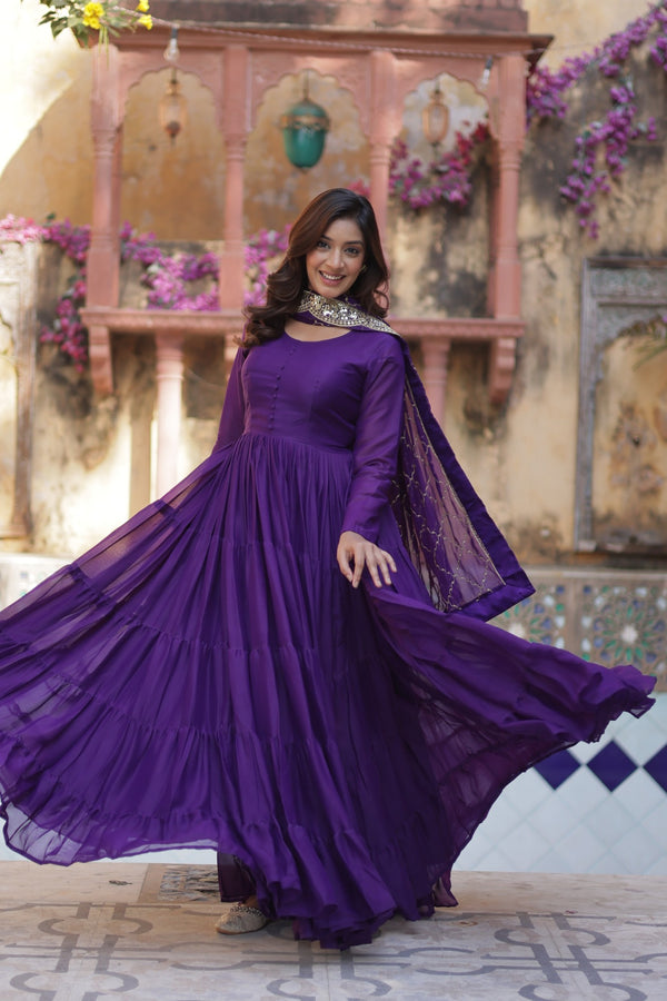 Readymade Solid Georgette Gown With Sequins Embroidered Dupatta