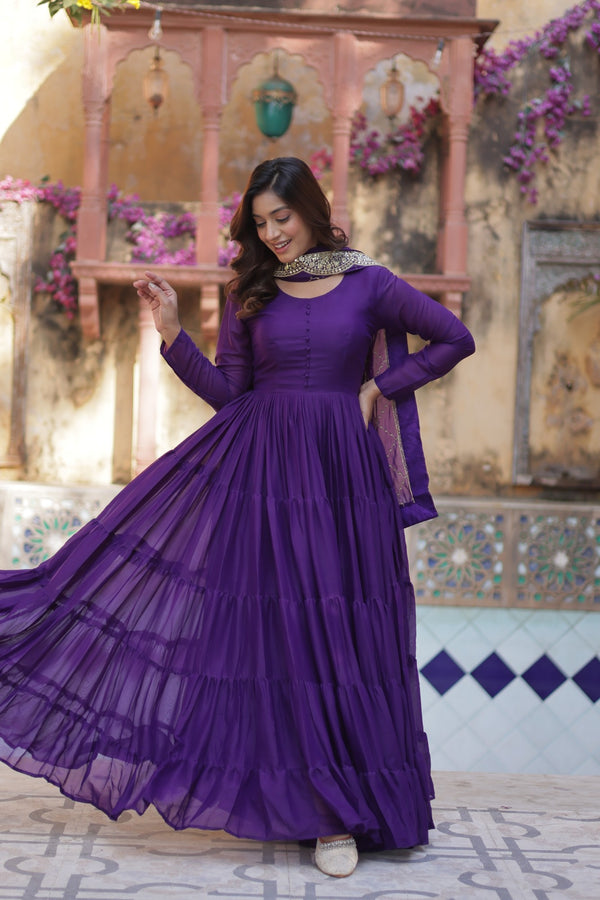 Readymade Solid Georgette Gown With Sequins Embroidered Dupatta