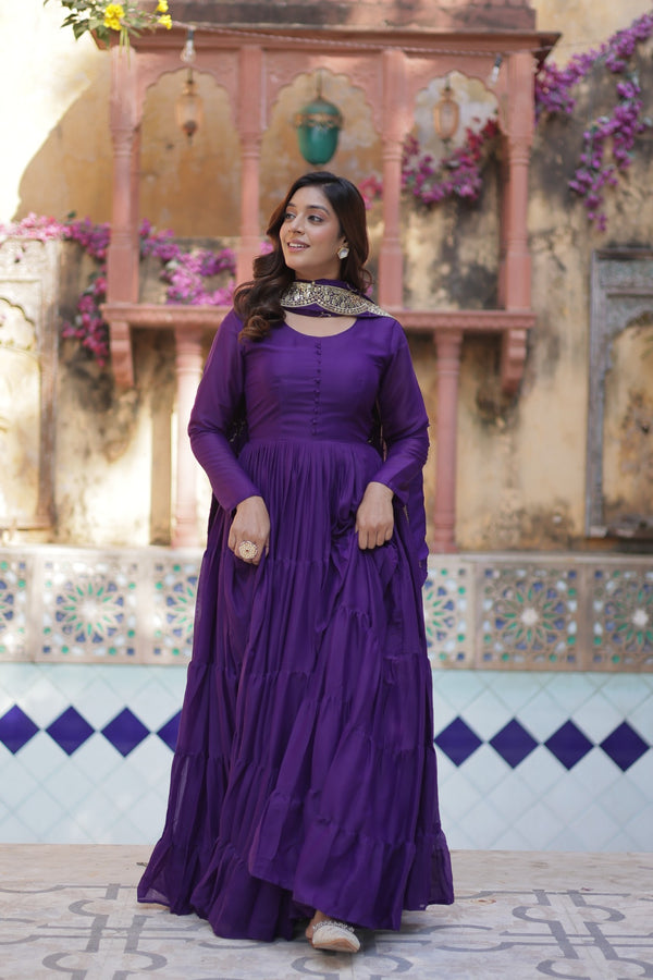 Readymade Solid Georgette Gown With Sequins Embroidered Dupatta