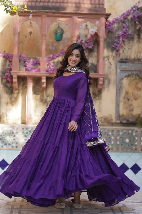 Readymade Solid Georgette Gown With Sequins Embroidered Dupatta