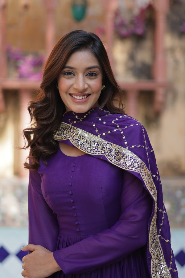 Readymade Solid Georgette Gown With Sequins Embroidered Dupatta