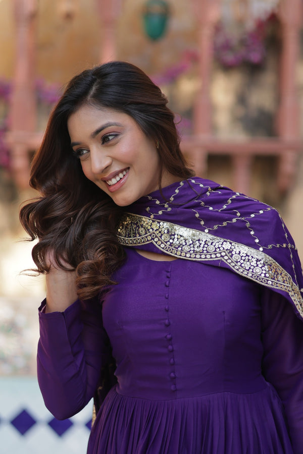 Readymade Solid Georgette Gown With Sequins Embroidered Dupatta