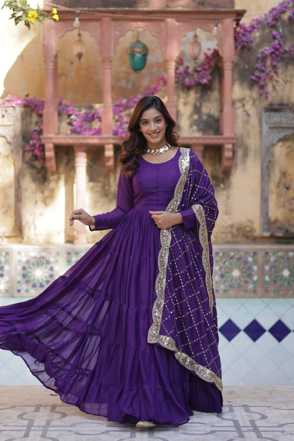 Readymade Solid Georgette Gown With Sequins Embroidered Dupatta
