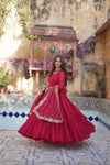 Readymade Solid Georgette Gown With Sequins Embroidered Dupatta