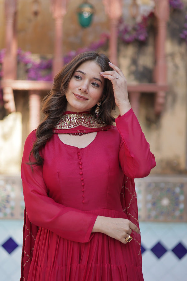 Readymade Solid Georgette Gown With Sequins Embroidered Dupatta