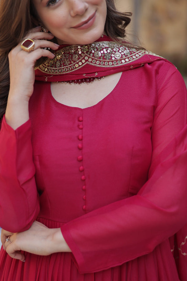 Readymade Solid Georgette Gown With Sequins Embroidered Dupatta