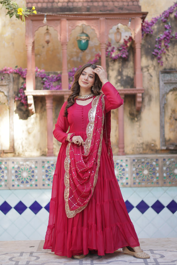 Readymade Solid Georgette Gown With Sequins Embroidered Dupatta