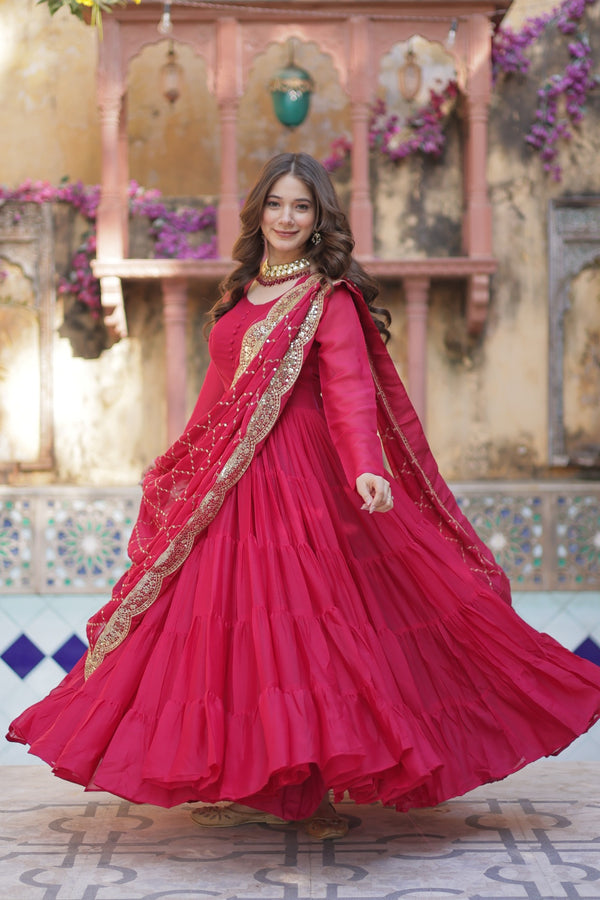 Readymade Solid Georgette Gown With Sequins Embroidered Dupatta