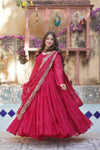 Readymade Solid Georgette Gown With Sequins Embroidered Dupatta