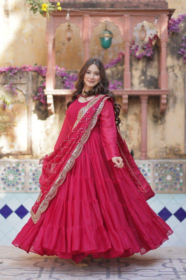 Readymade Solid Georgette Gown With Sequins Embroidered Dupatta