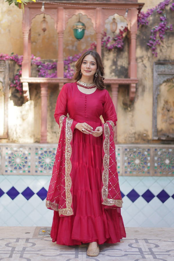 Readymade Solid Georgette Gown With Sequins Embroidered Dupatta