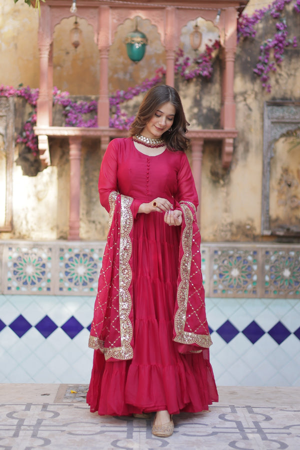 Readymade Solid Georgette Gown With Sequins Embroidered Dupatta