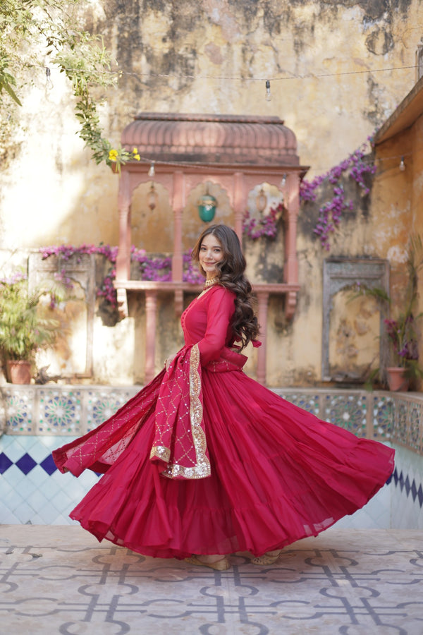 Readymade Solid Georgette Gown With Sequins Embroidered Dupatta