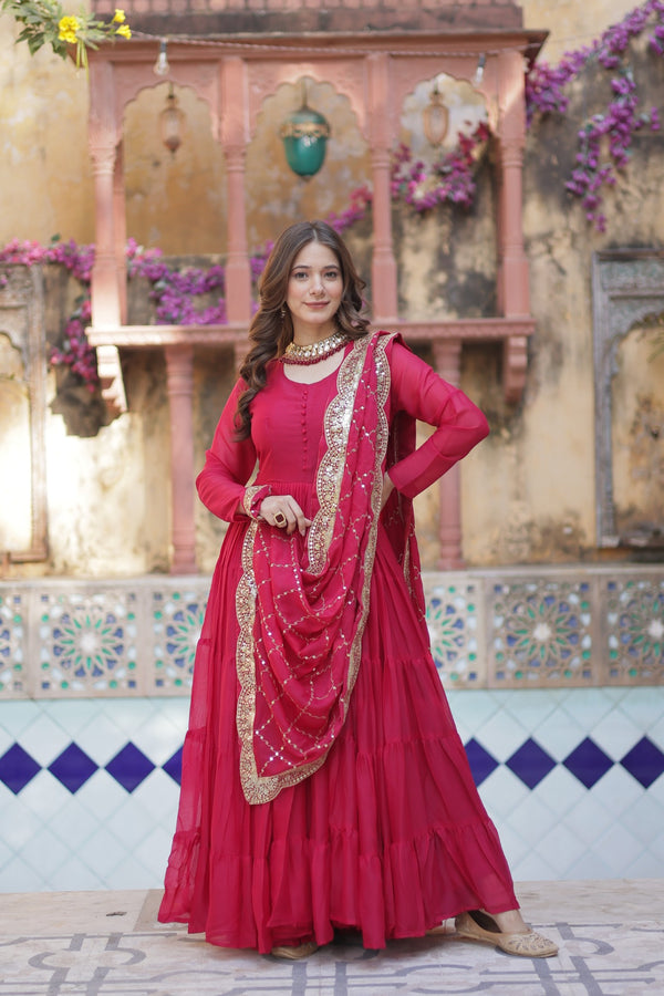 Readymade Solid Georgette Gown With Sequins Embroidered Dupatta