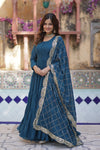 Readymade Solid Georgette Gown With Sequins Embroidered Dupatta