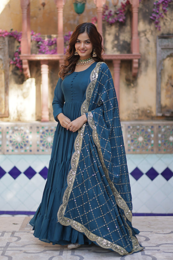 Readymade Solid Georgette Gown With Sequins Embroidered Dupatta