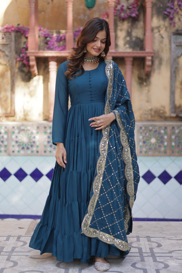 Readymade Solid Georgette Gown With Sequins Embroidered Dupatta