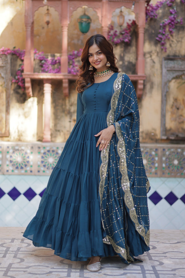 Readymade Solid Georgette Gown With Sequins Embroidered Dupatta