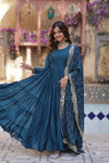 Readymade Solid Georgette Gown With Sequins Embroidered Dupatta