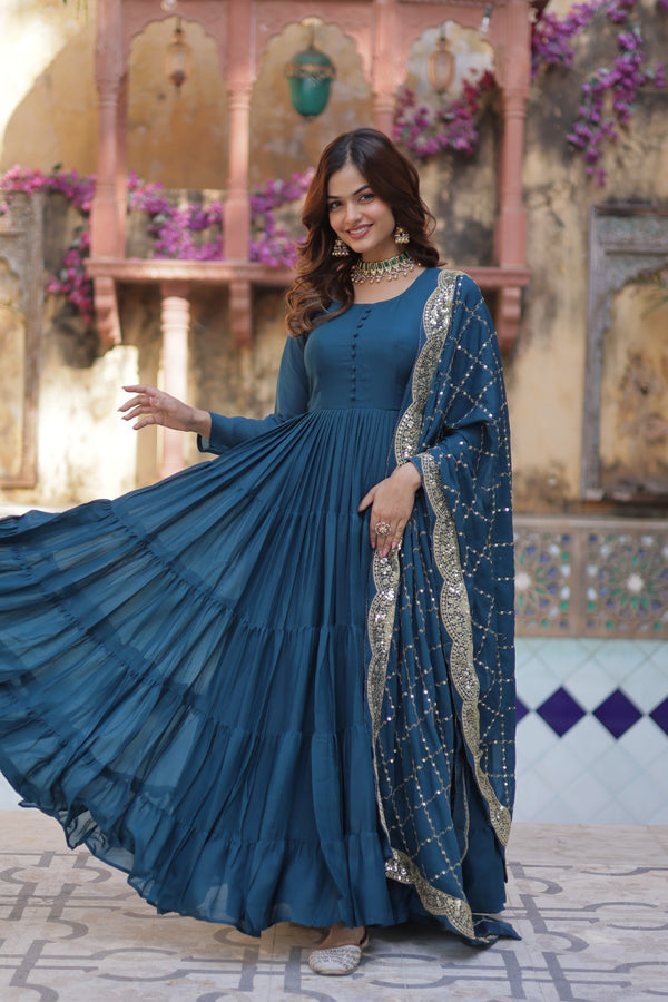 Readymade Solid Georgette Gown With Sequins Embroidered Dupatta