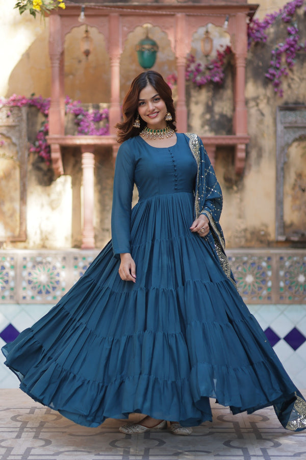 Readymade Solid Georgette Gown With Sequins Embroidered Dupatta