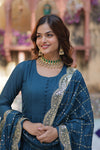 Readymade Solid Georgette Gown With Sequins Embroidered Dupatta