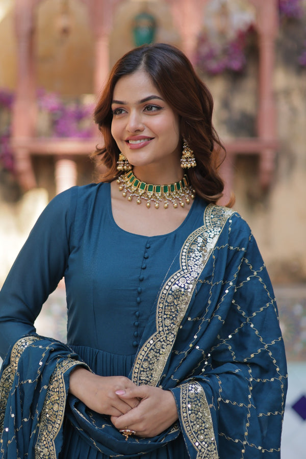 Readymade Solid Georgette Gown With Sequins Embroidered Dupatta
