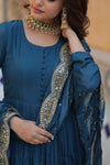 Readymade Solid Georgette Gown With Sequins Embroidered Dupatta