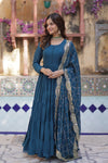 Readymade Solid Georgette Gown With Sequins Embroidered Dupatta