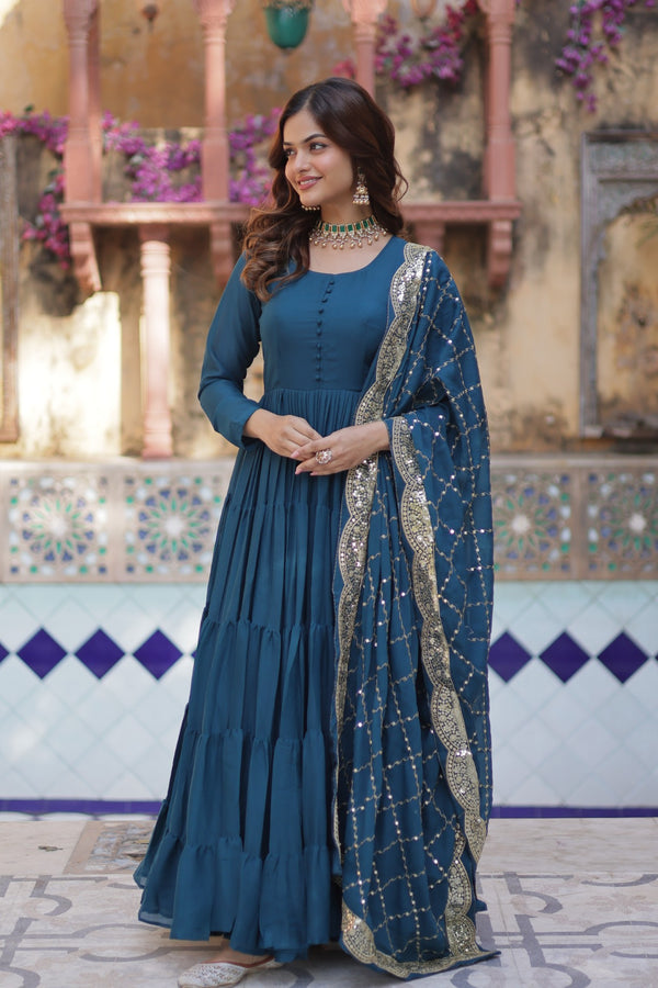 Readymade Solid Georgette Gown With Sequins Embroidered Dupatta