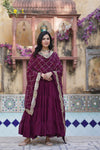 Readymade Solid Georgette Gown With Sequins Embroidered Dupatta