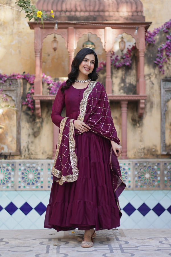 Readymade Solid Georgette Gown With Sequins Embroidered Dupatta