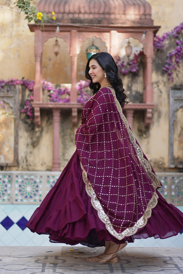 Readymade Solid Georgette Gown With Sequins Embroidered Dupatta