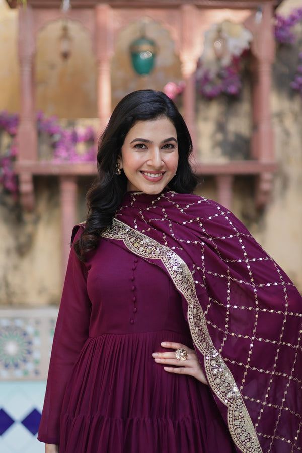 Readymade Solid Georgette Gown With Sequins Embroidered Dupatta