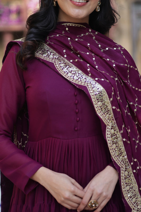 Readymade Solid Georgette Gown With Sequins Embroidered Dupatta
