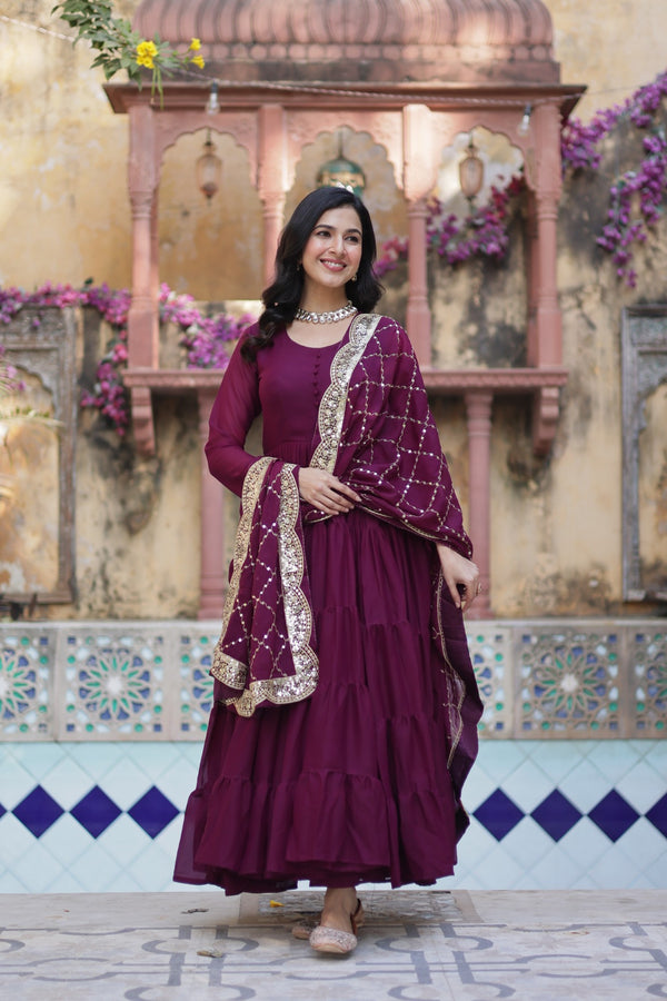 Readymade Solid Georgette Gown With Sequins Embroidered Dupatta