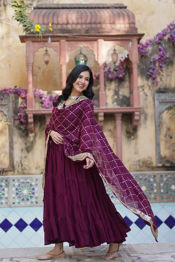 Readymade Solid Georgette Gown With Sequins Embroidered Dupatta