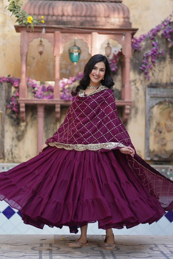Readymade Solid Georgette Gown With Sequins Embroidered Dupatta