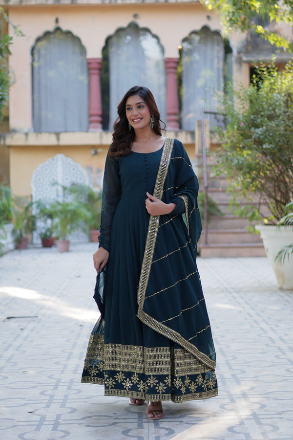 Readymade Faux Blooming Georgette Gown With Multi-Sequins Embroidery Matching Dupatta