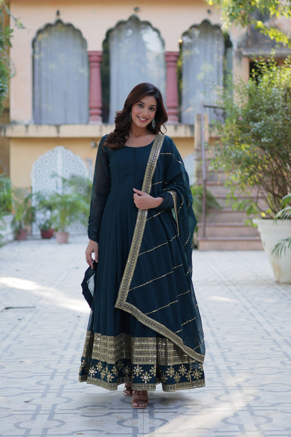 Readymade Faux Blooming Georgette Gown With Multi-Sequins Embroidery Matching Dupatta