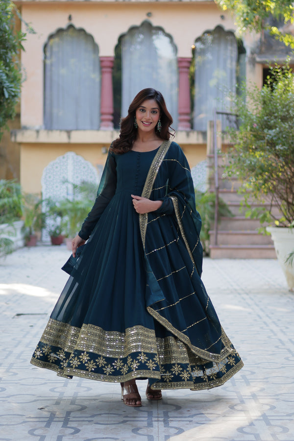 Readymade Faux Blooming Georgette Gown With Multi-Sequins Embroidery Matching Dupatta