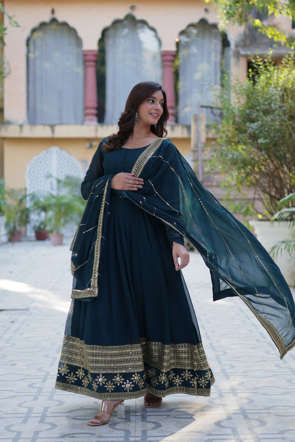 Readymade Faux Blooming Georgette Gown With Multi-Sequins Embroidery Matching Dupatta