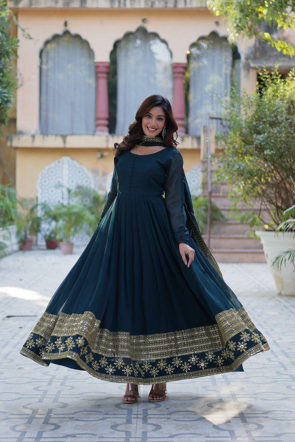 Readymade Faux Blooming Georgette Gown With Multi-Sequins Embroidery Matching Dupatta