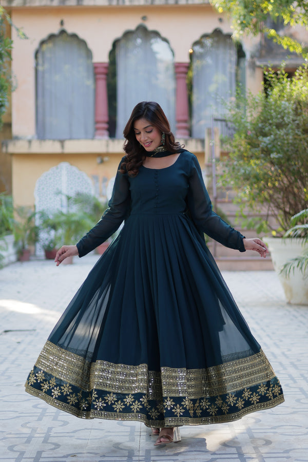 Readymade Faux Blooming Georgette Gown With Multi-Sequins Embroidery Matching Dupatta