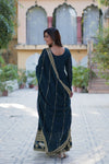 Readymade Faux Blooming Georgette Gown With Multi-Sequins Embroidery Matching Dupatta