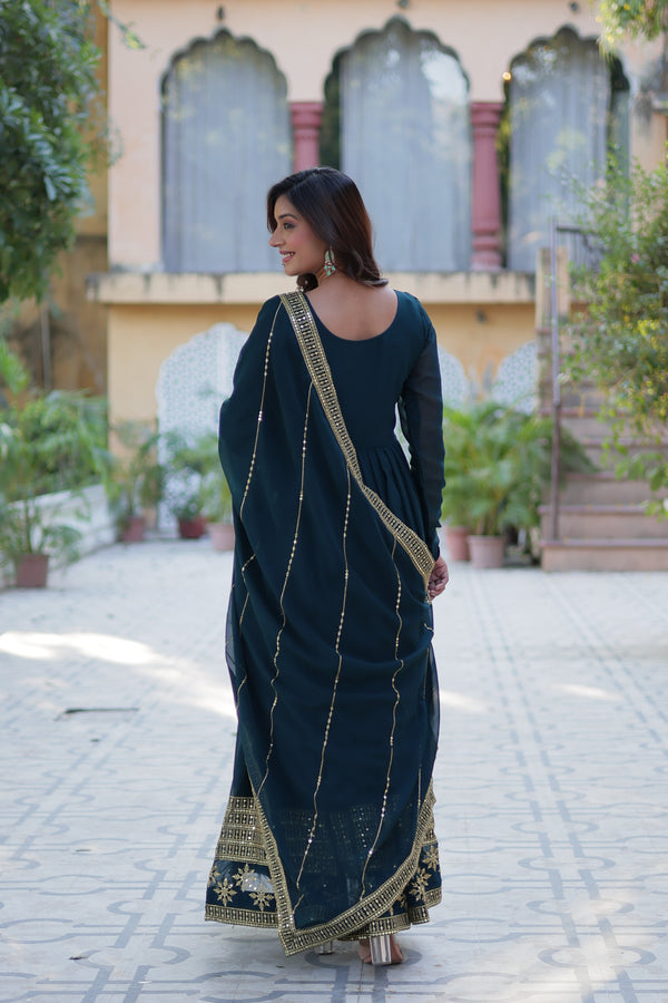 Readymade Faux Blooming Georgette Gown With Multi-Sequins Embroidery Matching Dupatta
