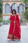 Readymade Faux Blooming Georgette Gown With Multi-Sequins Embroidery Matching Dupatta