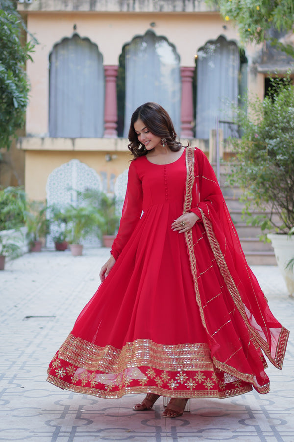 Readymade Faux Blooming Georgette Gown With Multi-Sequins Embroidery Matching Dupatta